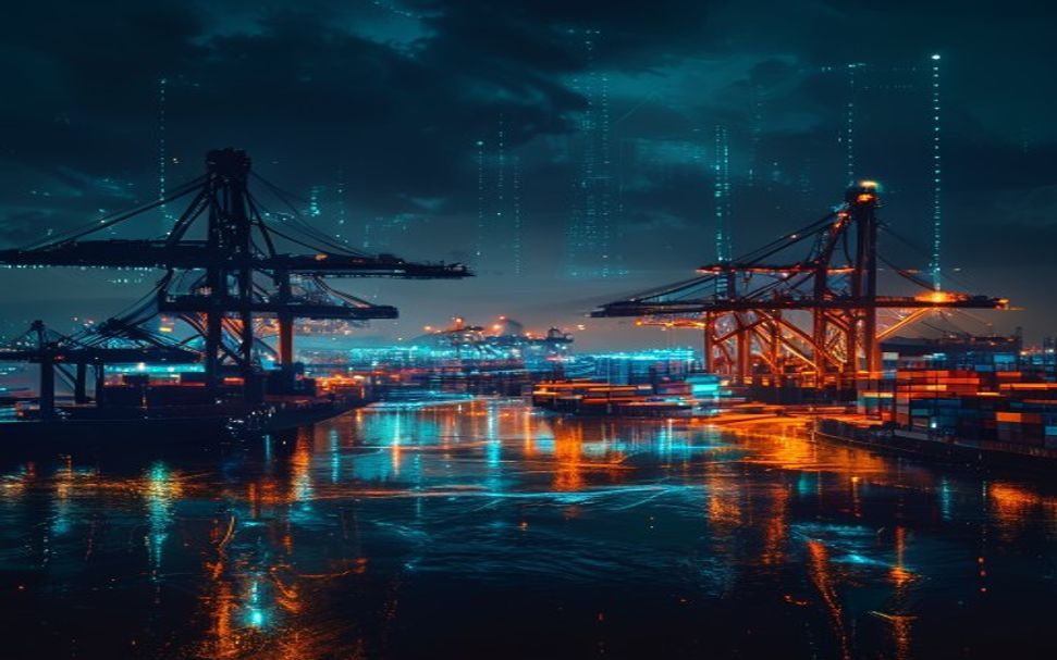 Container shipping port at night with glowing cyber data overlays — illustrating maritime cybersecurity threats and Chinese spy crane concerns