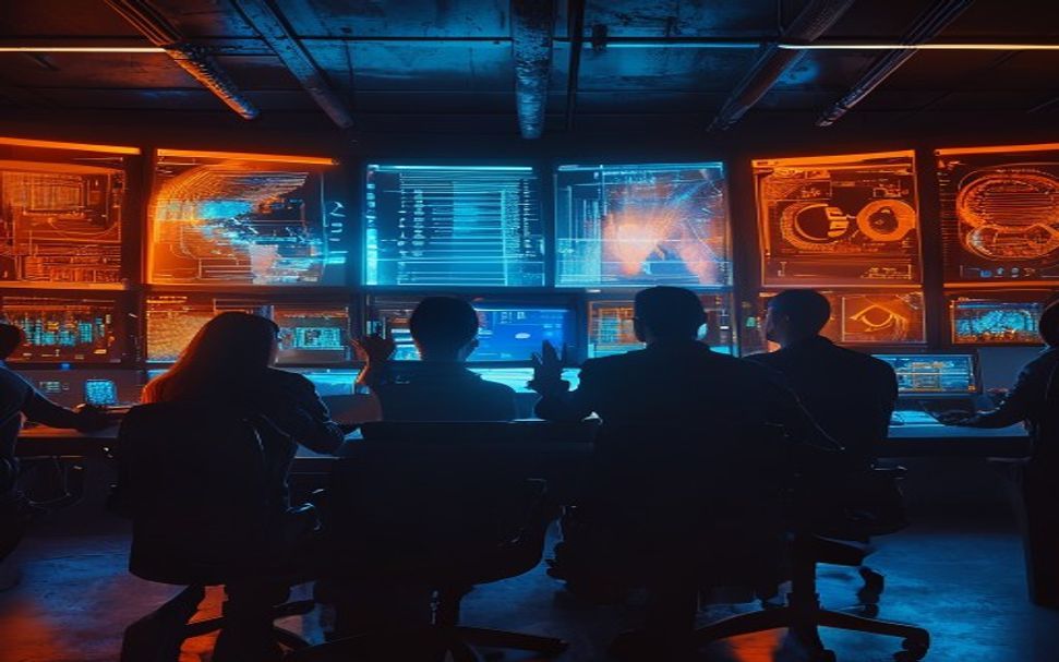 Cybersecurity team silhouetted in a dark operations room collaborating across multiple glowing data screens