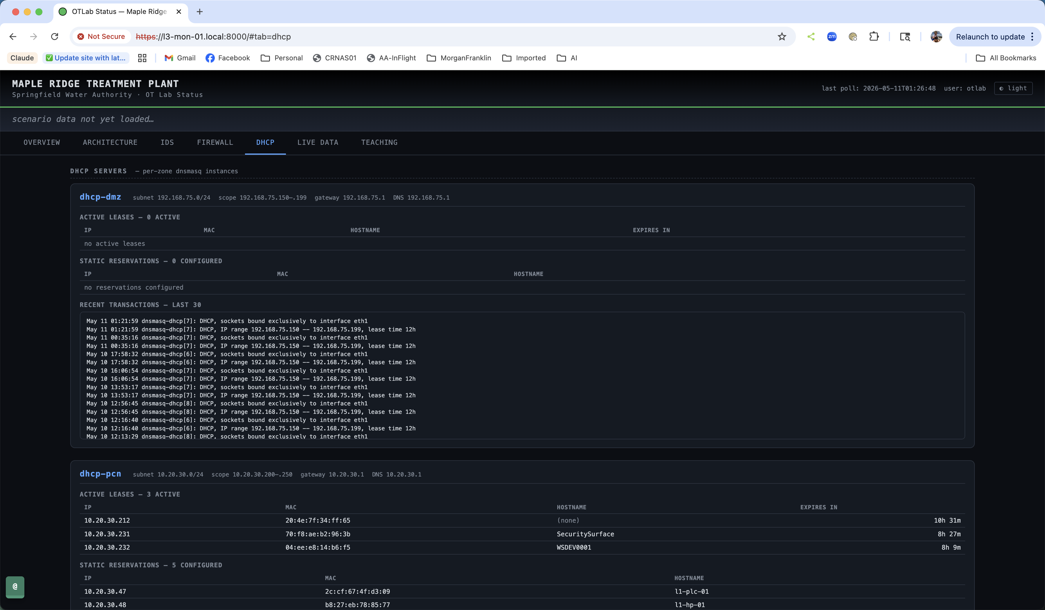 OTLab DHCP tab — per-zone lease tables with static reservations and recent transactions.