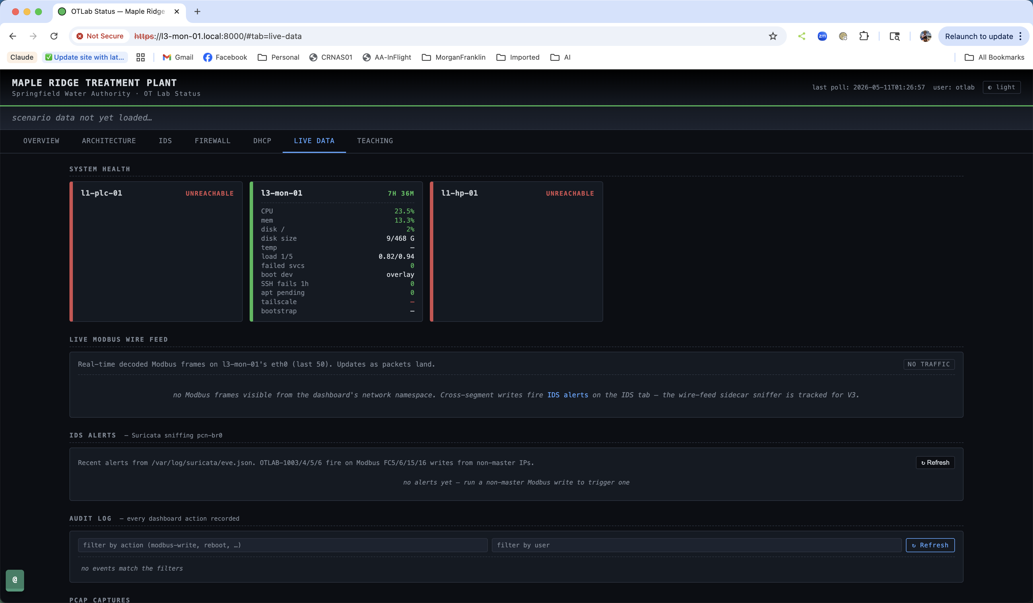 OTLab Live Data tab — system health, audit log, and pcap captures.
